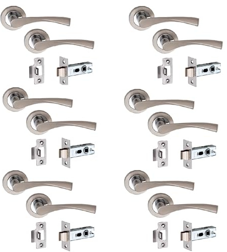 Golden Grace Astrid Door Handles, Duo Finish Satin Nickel Polished Chrome | Includes 2.5 inch tubular latches and 6 pairs of 52mm diameter round roses for multi-pack interior door installation.