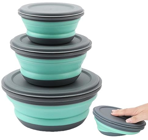 TAIHE Faltbare Schüssel, 3 Stück Silikon Schüssel Faltbar mit Deckel, Tragbare Camping Salatschüssel Frischhalteboxen, Faltbare Obst Salat Schüssel für Camping Wandern Küche Schule im Freien (Grün)