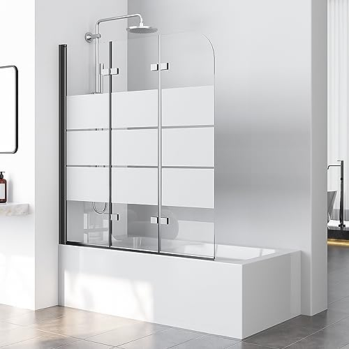 Duschwand für Badewanne, 120x140 cm 3-teilig Gestreift faltbar Duschwand Badewannenaufsatz Badewannenfaltwand Faltwand Duschabtrennung für Badewanne mit 6mm NANO Sicherheitsglas, Matt Schwarz