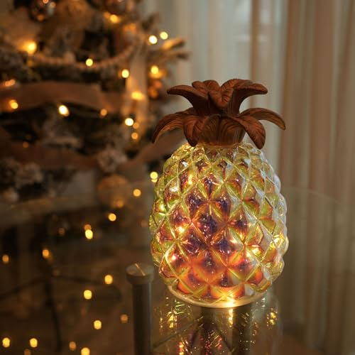 hvfun 17,8 cm leuchtende Quecksilberglas-Ananas mit Timer, batteriebetriebene Tischdekoration, magische Farben in der Sonne, perfekt für die Weihnachtsdekoration