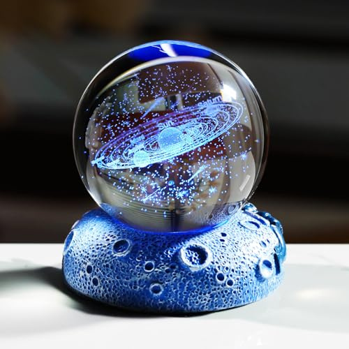 3D Solar System Crystal Ball Planets Engraved with Space Lights Base Astronomy Gifts for Men Him, 6cm/2.36 in. Glass Globe Science Universe Model Cosmic Ornaments for Kids Celestial Decor