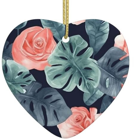 Aquarell Monstera Muster Weihnachtsschmuck Keramik Ornament Herz Ornament für Weihnachtsbaum Herz Keramik Hängend für Weihnachtsbaum Weihnachten Hängende Dekorationen für Outdoor Indoor