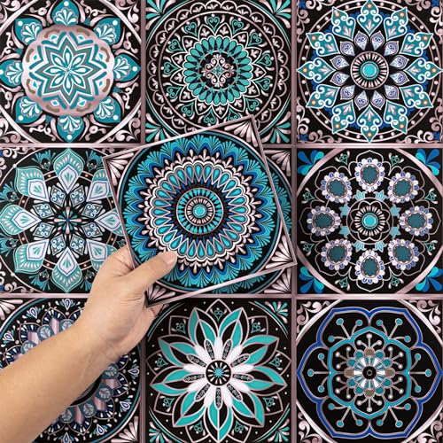 Hode Kitchen Bathroom Tile Stickers Stick on Tiles, Sticky Back Peel and Stick Self Adhesive Wall, Vinyl Waterproof Blue Purple Moroccan, 24pcs 15x15cm