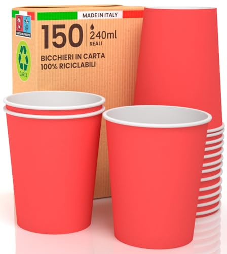 Baciato Caffè Lot de 150 verres en papier 240 ml écologiques biodégradables jetables fabriqués en Italie pour emporter des boissons chaudes et de l'eau colorées, rouge, fabriqué et emballé en Italie