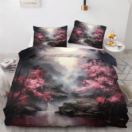 YELDAN Bettwäsche 140x200 Japanische Sakura, Asiatische Bettbezug, Bettwäsche-Sets 2 teilig, Weich & Bügelfrei Mikrofaser Wendebettwäsche und 1 Kissenbezug 80x80 mit Umschlag