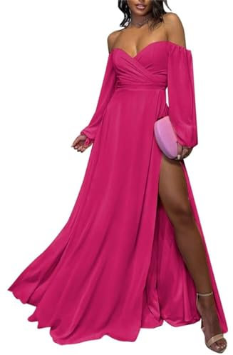 KURFACE Vestidos de dama de honor de boda de campo de manga larga con abertura de gasa para fiesta de noche maxi vestidos WSX437, fucsia, 40