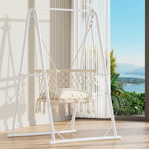YITAHOME Hanging Chair with Stand, 105x93x160cm Hammock Swing Chair with Cushion, Heavy-Duty Steel Hammock Stand with 100kg Capacity for Living Room, Bedroom, Courtyard, Backyard and Garden, White