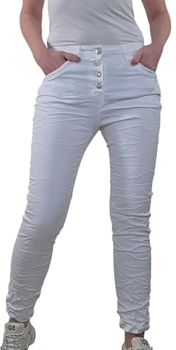 Karostar Dam stretch jeans | boyfriend byxor med dekorativa smyckesknappar | Mid Rise 5 fickor denim byxor, Vit, M