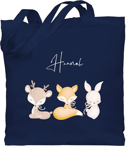 Baumwolltasche - Tiere - Reh Fuchs Hase süße Waldtiere mit Name - Unisize - Navy Blau - personalisierte stoffbeutel kinder kindergarten wechselwäsche beutel tier hasen jutebeutel