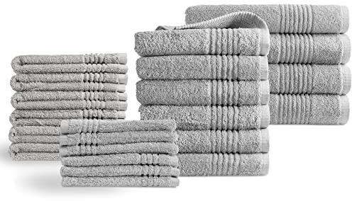 PHLOX Handtuch Set 22-teilig – 100% Baumwolle – Oeko-Tex Zertifiziert | 600 g/m² – Weiche & saugfähige Qualität – Inklusive 4X Badetuch, 6X handtücher Set, 6X Gästetüchern, 6X washcloths (hell grau)