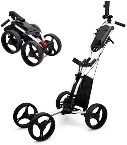 4 Wheel Golf Push Cart，Push-pull Caddy with Handbrake, Aluminum Alloy Foldable Golf Trolley with Umbrella Holder, Cup Holder and Storage Bag(White)