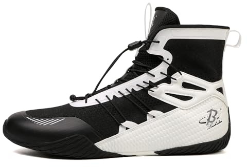 B LUCK SHOE Men’s Boxing Shoes Lightweight High-Top Training Shoes with Drawstring – Supportive Gym Footwear for Fighters LS508 Black/White