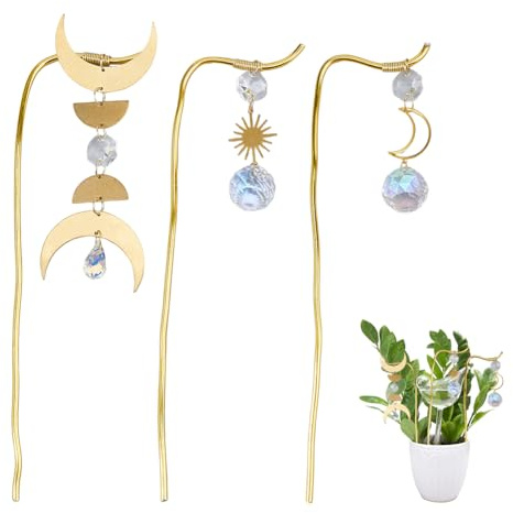 Hobbspring Lot de 3 petites grilles en métal doré - Tige de support pour plantes - En laiton - Décoration de plante avec soleil et lune - Pendentif pour jardin - Hoya Pothos Fleur Monstera