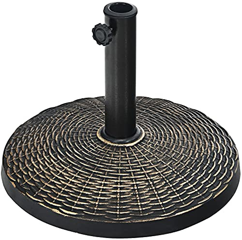 RELAX4LIFE Base de Parasol Lourde 12kg, Pied de Parasol Rond en Résine et INOX, Support de Parasol de Jardin Robuste pour Mâts 38/48mm, Motif Rotin Élégant, Résistant aux Intempéries