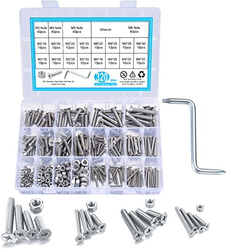 Assortiment de 320 vis à tête fraisée et écrous M3 M4 M5 M6 cruciformes en acier inoxydable pour machines à bois et divers outils de réparation