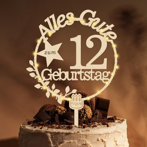 Giftota Cake Topper 12. Geburtstag Deko Junge Mädchen mit LED Lichterkette | Tortendeko 12. Geburtstag, Kuchen Deko für 12 Jahre Junge Mädchen