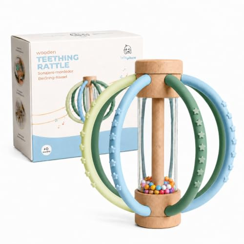 Beißring Baby, Rassel, Greifling, Montessori Silikonspielzeug, Bebé Pituso | Zahnungshilfe für Babys, leicht zu greifen, mit strukturiertem Silikon, Holz, sanfter Rassel, Sensorik und sicherem Design