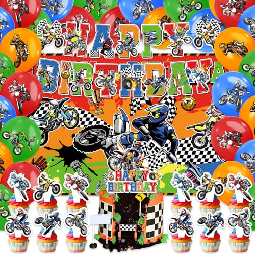 42pcs Dirt Bike Birthday Party Decorations Motocross Theme Party Supplies Include Motorcycle Balloons,Banner,Cake Topper, Cupcake Topper,Tablecloth for Boys Birthday Baby Shower Party