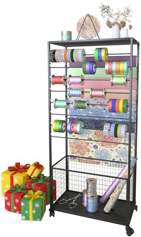 FWTXZTER Rollenhalter Geschenkband, Rollenhalterung mit 16 Etagen | Bastel Band Halter Organizer, Aufbewahrung Ständer mit Rädern, Rollbare Bänder Regal Wagen für Rollen Spule (Schwarz)
