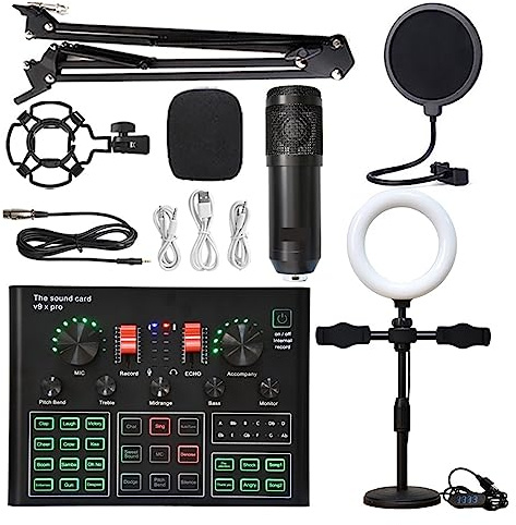 AIRYSSFU Kit scheda audio, Microfono a condensatore professionale Scheda audio karaoke wireless con luce di riempimento staffa a sbalzo(Black suit)