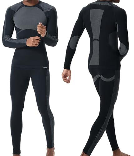 FlowFlex Herren Funktionswäsche Skiunterwäsche Herren Set,Thermounterwäsche Männer Sport für Joggen,Radfahren,Fußball,Skifahren,Motorrad (Schwarz, M/L)
