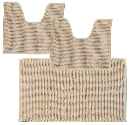 Comart - Tris Tappeti Bagno Shaggy - Set 3 Tappetini Bagno: 1 Rettangolare 45x75 cm + 2 Giro WC 45x38 cm - Super Assorbenti e Morbidi - Antiscivolo - Lavabili in Lavatrice - Texture in 3D - Beige
