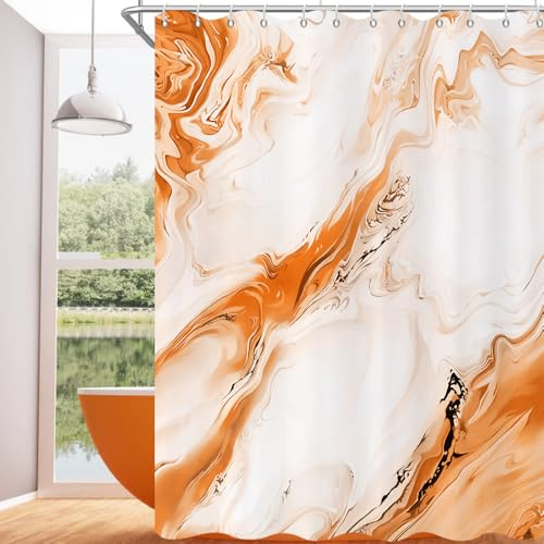GCIREC Cortina de Ducha, 90x180cm, Cortina de Baño Impermeable Gradiente de Mármol Degradado de Mármol de Acuarela Naranja con Ganchos