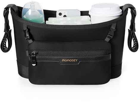 Momcozy Universal Stroller Organizer | Minimalist Caddy with 2 Insulated Bottle Holder | Silicone Anti-Slip Straps | Detachable Mini Pouch | Durable Dense-Weave, Fits for UPPAbaby/Doona & More