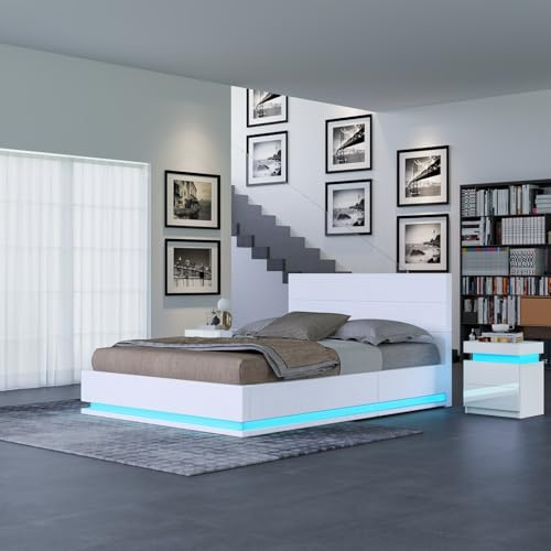 Komtopod Polsterbett Doppelbett 140x200cm mit Stauraum, Hydraulisch Bettgestell mit LED Beleuchtung, Doppelbettgestell Metallbett Gästebett aus Metall, für Schlafzimmer Gästezimmer (Weiß)