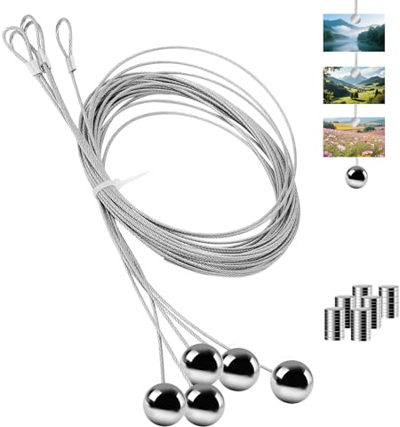 Cimown Pack of 5 Stainless Steel Photo Wire Rope with 60 Magnets, 2 m x 1 mm Photo Rope with Eyelets, Rustproof and Corrosion Resistant, for Hanging Photos
