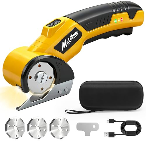 Mulctun Electric Box Cutter with 4 Safety Blades,Storage Bag,Cardboard Cutter with Safety Lock,Led Light,4V 2000mAh Cordless Electric Scissors for Carton Carpet Fabric Leather（Yellow）