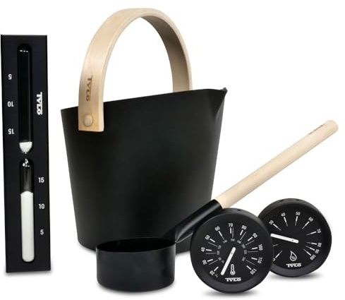 Tylö Saunazubehör Set 5-teilig - Brilliant Serie - Kübel Kelle Sanduhr Thermometer Hygrometer - Eloxiertes Aluminium sandgestrahlt - Mit Ausguss - Premium Sauna Ausstattung (Brilliant Black)