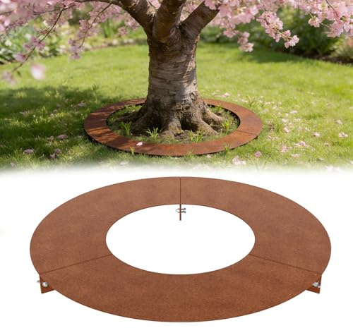 Aufun Baumring Mähkante Ø120 cm, Rasenkante aus Cortenstahl Edelrost | Flach für Bäume & Sträucher, Mähroboter-kompatibel, Gartenpflege, Gartendeko & Baumschutz, Stabil, Langlebig