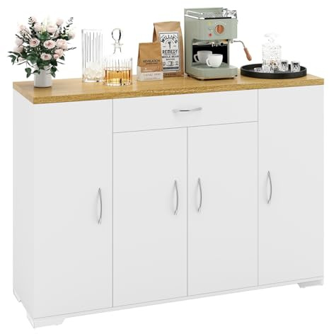 ZZINOKE Mueble Auxiliar de Cocina,Blanco,Aparador de Cocina con Cajón y 4 Puertas,Partición Ajustable,Aparador Comedor con Estantes,Moderno,110x30x70cm
