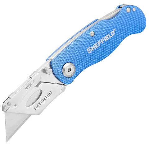 Sheffield Folding Utility Knife, Accepts Standard Utility Knife Blades, Box Cutter Aluminum Handle, Razor Blades Included, For Home, Office, Trades, and Warehouse