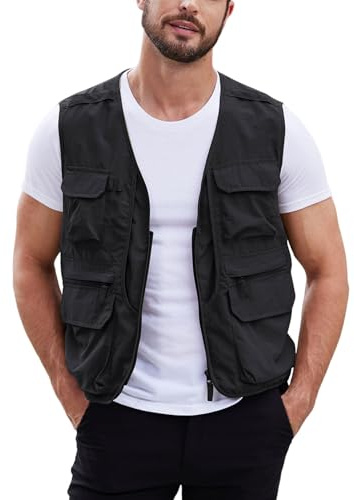Gihuo Men's Utility Fishing Vest Lightweight Outdoor Work Safari Travel Cargo Vest with Multi-Pockets (US, Alpha, Large, Regular, Regular, Black)
