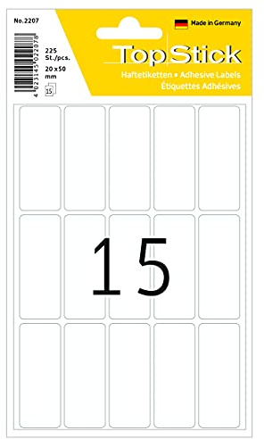 TopStick 2207 hushållsetiketter små (20 x 50 mm, 15 ark, papper, matt) självhäftande, permanenta multifunktionsetiketter för handskriven märkning, 225 klistermärken, vit
