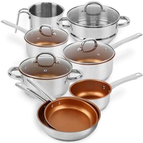8-Piece Stainless Steel Cookware Set - Includes Frying Pans, Casserole Pot, Saucepans, Steamer & Sauce Jug - Non Stick and Compatible for All Types of Hobs - PTFE and PFOA Free