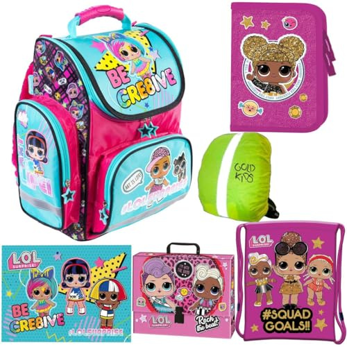 L.O.L Surprise LOL Schulranzen Set ergonomischer Ranzen Federmappe Turnbeutel Zeichenbox Schreibtischunterlage Regenhülle Mädchen 6-teilig LOL Puppen Lizenz