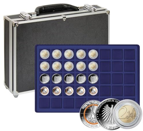 LINDNER Das Original Großer Münzen-Sammelkoffer mit 8 dunkelblauen Münztableaus für 320 Münzen oder Münzkapseln bis 34 mm Ø