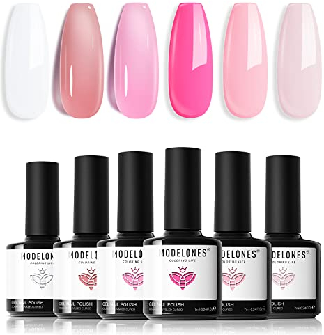 Modelones UV Nagellack Set, Weiß Rosa 6 Farben Nude Transparent Pink Soak off Gel Gellack mit Nail Art Liner Brush fur Nageldesign Selber Mache