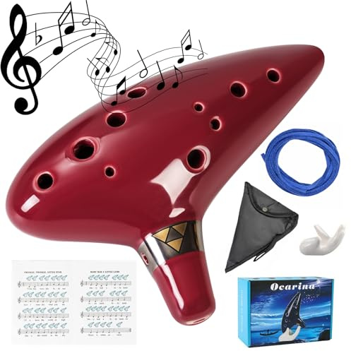 Mulucky 12-Hole Natural Clay Ocarina with Accessories, Beginner-Friendly Musical Instrument Gift Box (Red)