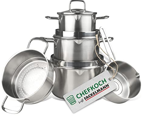 FACKELMANN Chefkoch 5er Topf-Set München – Kochtöpfe mit Ausschüttfunktion – Für alle Herdarten geeignet (auch Induktion) – 3 Töpfe, 1 Dünstaufsatz, 1 Soßentopf