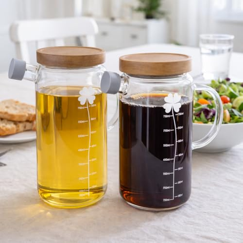 Eden & Willow Glass Olive Oil Bottle, Vinegar Cruet Bottle with Non-Drip Spout – Kitchen Cooking Oil Dispenser Drizzler with Acacia Wooden Lid and Handle (550ml, 2pcs)