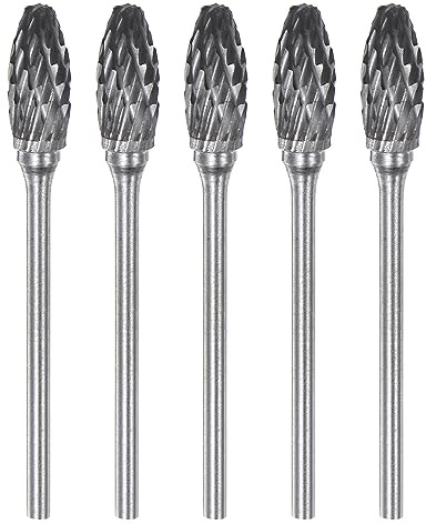 sourcing map 5pcs Carbide Rotary Burrs 3/32 (2.35mm) Shank 1/4 (6mm) Head Double Cut Flame H Shape Die Grinder Bits Rasp Files for Metal Wood Plastic Polishing Engraving