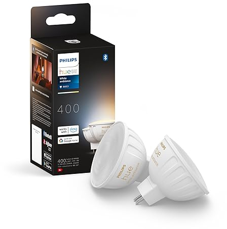Philips Hue White Ambiance, Faretto LED Smart GU5.3, Luce Bianca da calda a fredda, 400lm, Compatibile con Bluetooth, controllo vocale con Alexa, Apple Home e Google Assistant, pack da 2