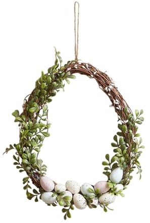 Osterkranz zum Aufhängen, Eierkranz Rattan Ostern Frühling Kranz Eikranz Osterkranz Frühlingskranz Türkranz Wandkranz Tischkranz Dekorationen Hängen Willkommensschild Osterdeko (Green-I, One Size)