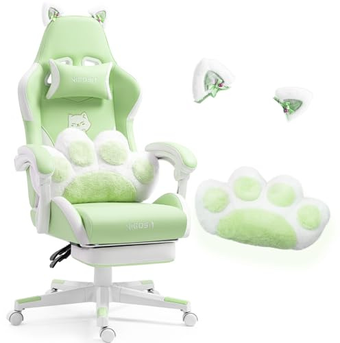 Vigosit Cute Gaming Stuhl mit Katzenpfoten-Lendenkissen und Katzenohren, ergonomischer Gamer Stuhl mit Fußstütze, Verstellbarer PC-Spielesessel für Mädchen, Teenager, Kinder, Green