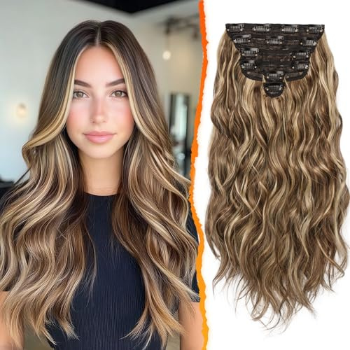 BARSDAR Clip en Extensiones de Cabello, 50cm Largo Ondulado Highlight Extensión de Pelo Clip en 6 Piezas Rizado Natural Sintética Postizos para Mujer (Medio Marrón & Rubio)