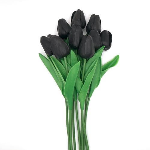 Tulipani finti artificiali con steli, 10 tulipani bianchi primaverili, 33 cm, fiori artificiali realistici per bouquet da sposa, centrotavola, festa di compleanno (nero)